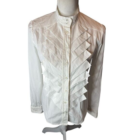 Oscar de la Renta White Cotton Long Sleeve Button Ruffled Shirt Small Size S - Picture 1 of 5
